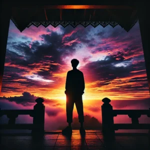 A stunning silhouette photography scene featuring a person standing against a vibrant sunset sky. The image showcases a high-contrast composition with sunset.
