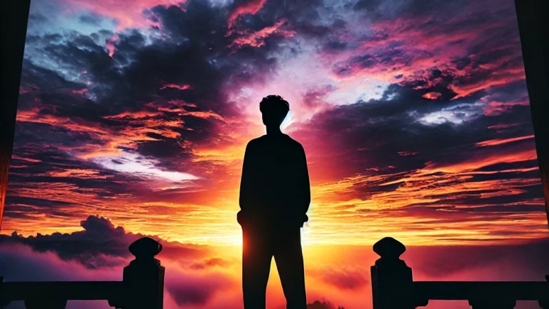 A stunning silhouette photography scene featuring a person standing against a vibrant sunset sky. The image showcases a high-contrast composition with sunset.
