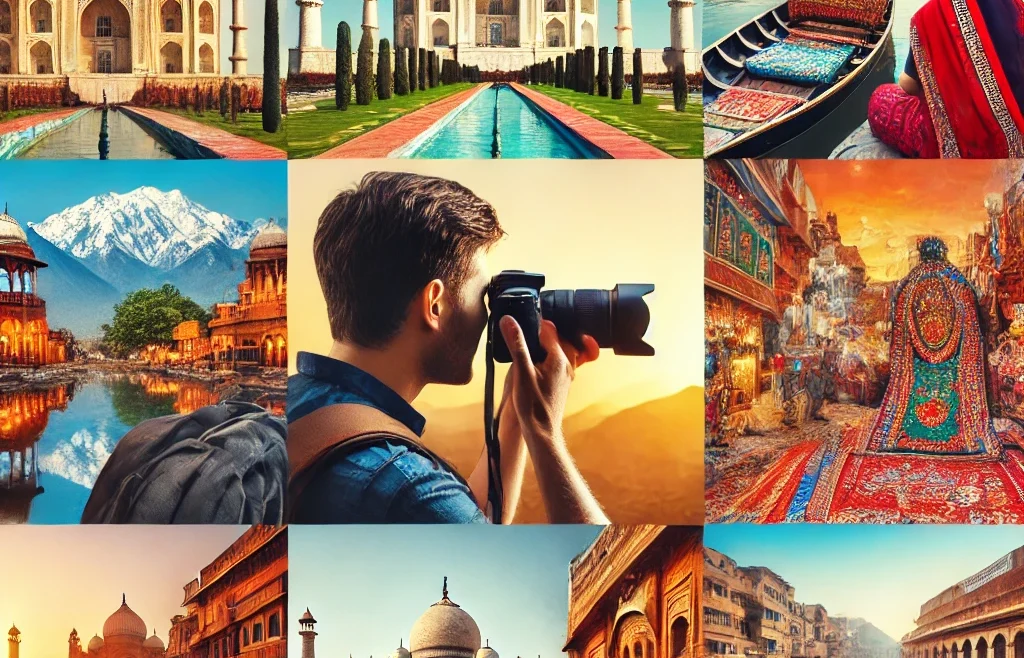 A stunning travel photography scene capturing the diverse landscapes of India. The image features a mix of iconic locations such as the Taj Mahal.