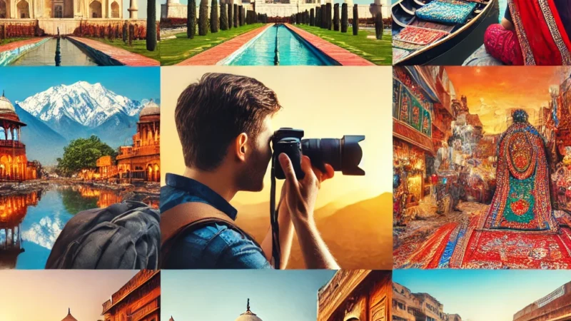 A stunning travel photography scene capturing the diverse landscapes of India. The image features a mix of iconic locations such as the Taj Mahal.