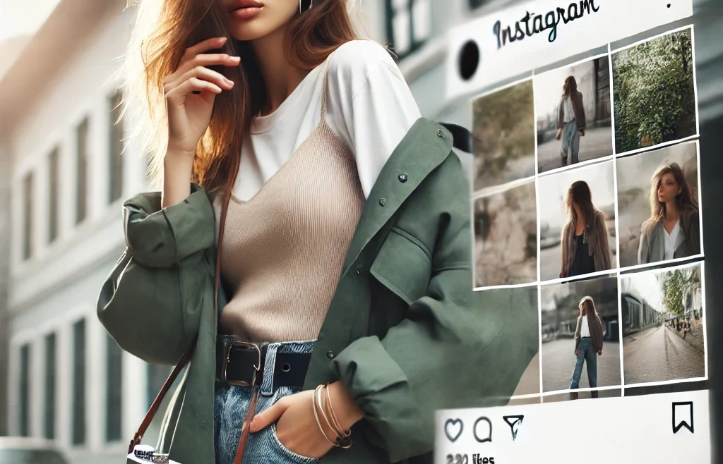 A stylish Instagram influencer posing for a lifestyle photography shoot in natural lighting. The model is wearing a trendy outfit, standing in an urban outfit.