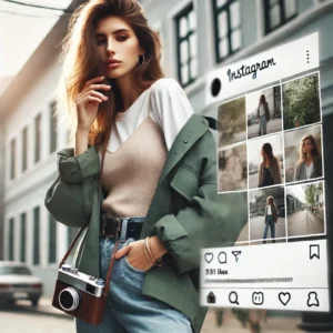 A stylish Instagram influencer posing for a lifestyle photography shoot in natural lighting. The model is wearing a trendy outfit, standing in an urban outfit.