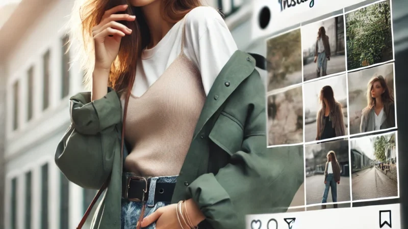 A stylish Instagram influencer posing for a lifestyle photography shoot in natural lighting. The model is wearing a trendy outfit, standing in an urban outfit.