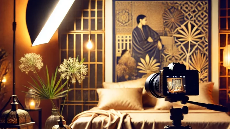 A stylish and artistic boudoir photography ideas setup featuring elegant lighting, a soft bed with silk sheets, and a professional camera