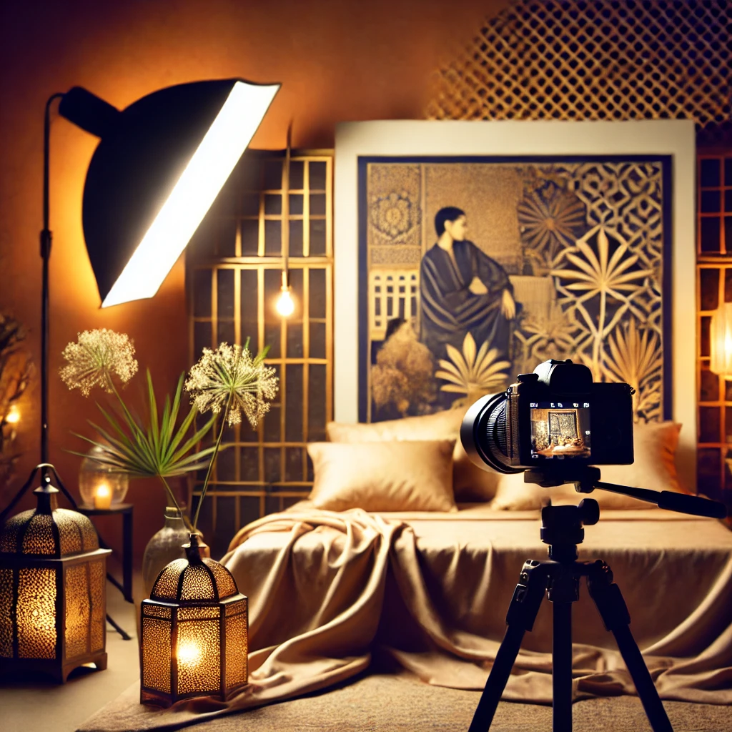 A stylish and artistic boudoir photography ideas setup featuring elegant lighting, a soft bed with silk sheets, and a professional camera