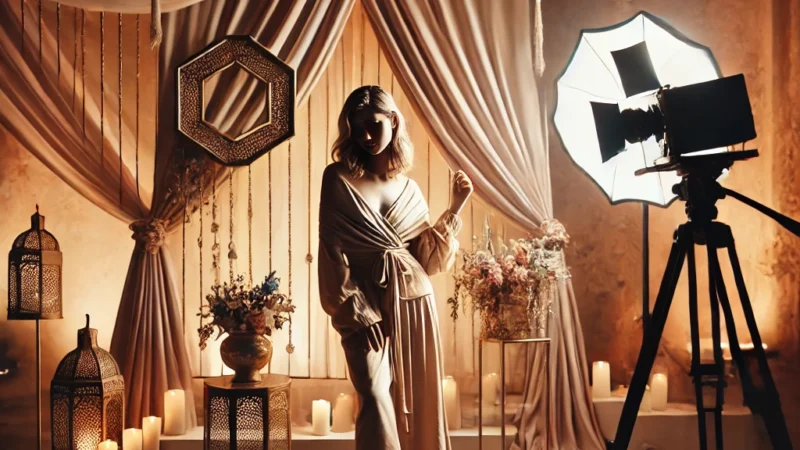 A stylish and artistic creative boudoir photography setup with soft lighting, luxurious drapes, and a model posing elegantly in a creative theme.