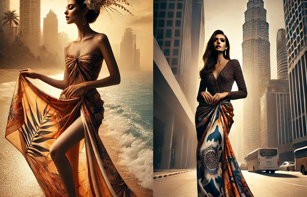 A stylish and artistic sarong photoshoot ideas featuring two different settings_ a tropical beach with golden sand and a modern cityscape with tall building.