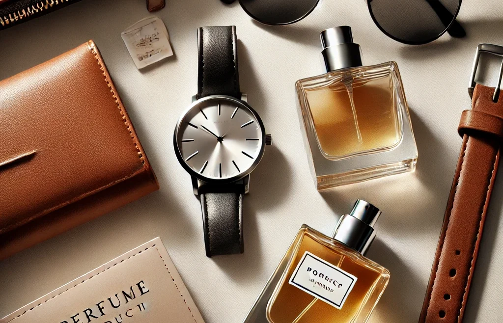 A stylish flat lay composition featuring lifestyle products such as a wristwatch, sunglasses, perfume bottle, and a leather wallet.