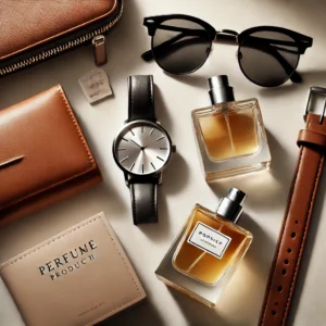 A stylish flat lay composition featuring lifestyle products such as a wristwatch, sunglasses, perfume bottle, and a leather wallet.