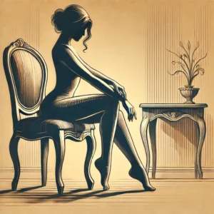 A stylized and artistic representation of the 'Sitting on the Edge of a Chair' boudoir pose. The illustration should be abstract yet elegant, focusing.