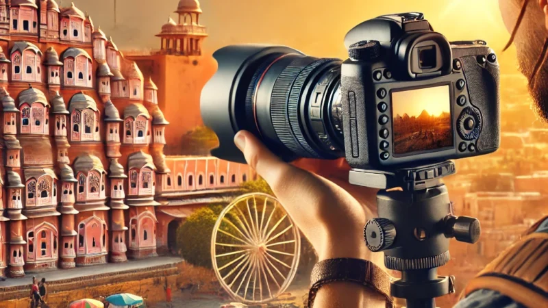 A travel photographer capturing the beauty of Jaipur, India. The scene includes a professional camera setup with a tripod, lenses, and accessories.