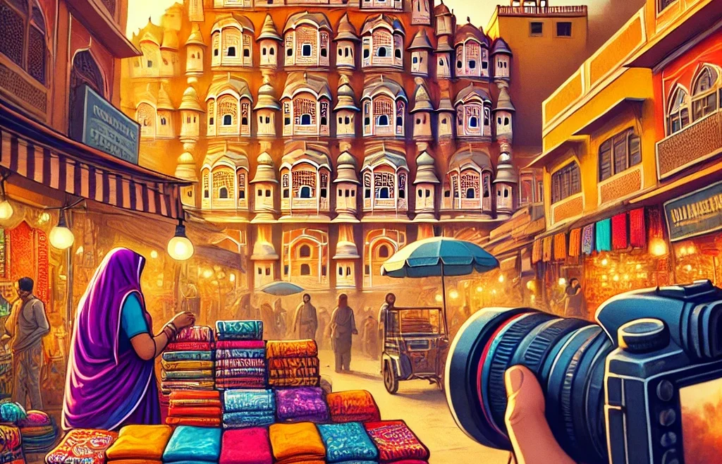 A vibrant and eye-catching thumbnail for an article about capturing Jaipur’s local lifestyle through photography. The image features a bustling Jaipur.