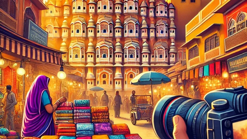 A vibrant and eye-catching thumbnail for an article about capturing Jaipur’s local lifestyle through photography. The image features a bustling Jaipur.