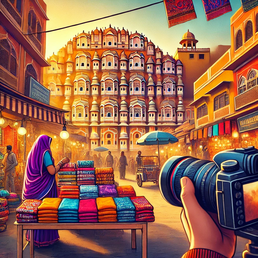A vibrant and eye-catching thumbnail for an article about capturing Jaipur’s local lifestyle through photography. The image features a bustling Jaipur.