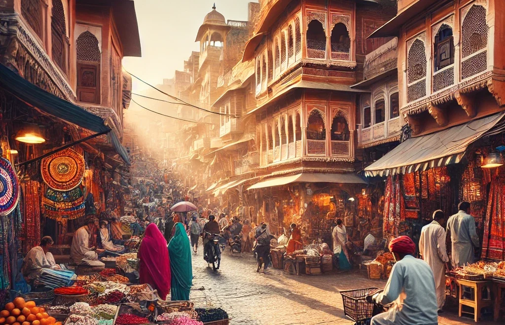 A vibrant street scene in Jaipur featuring colorful markets, traditional Rajasthani architecture, and people engaged in daily activities.