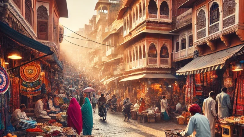 A vibrant street scene in Jaipur featuring colorful markets, traditional Rajasthani architecture, and people engaged in daily activities.