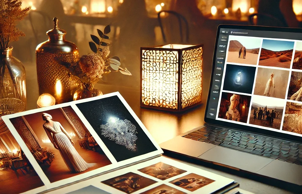 A visually appealing boudoir photography portfolio layout on a sleek desk, featuring elegant printed portraits and a digital gallery on a laptop screen.