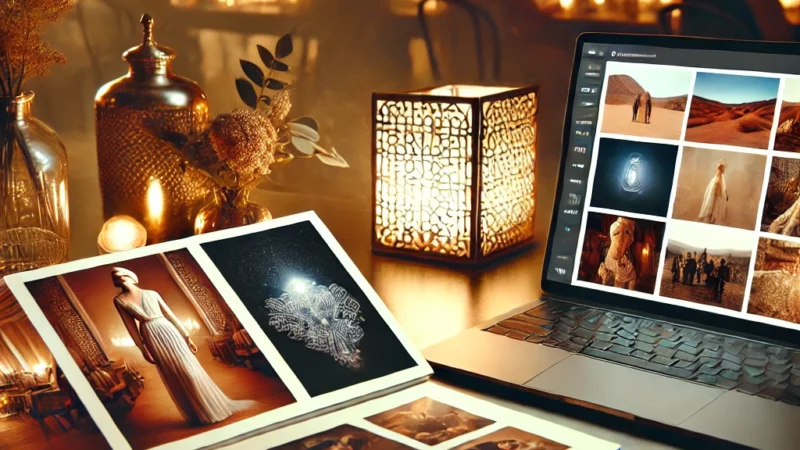 A visually appealing boudoir photography portfolio layout on a sleek desk, featuring elegant printed portraits and a digital gallery on a laptop screen.