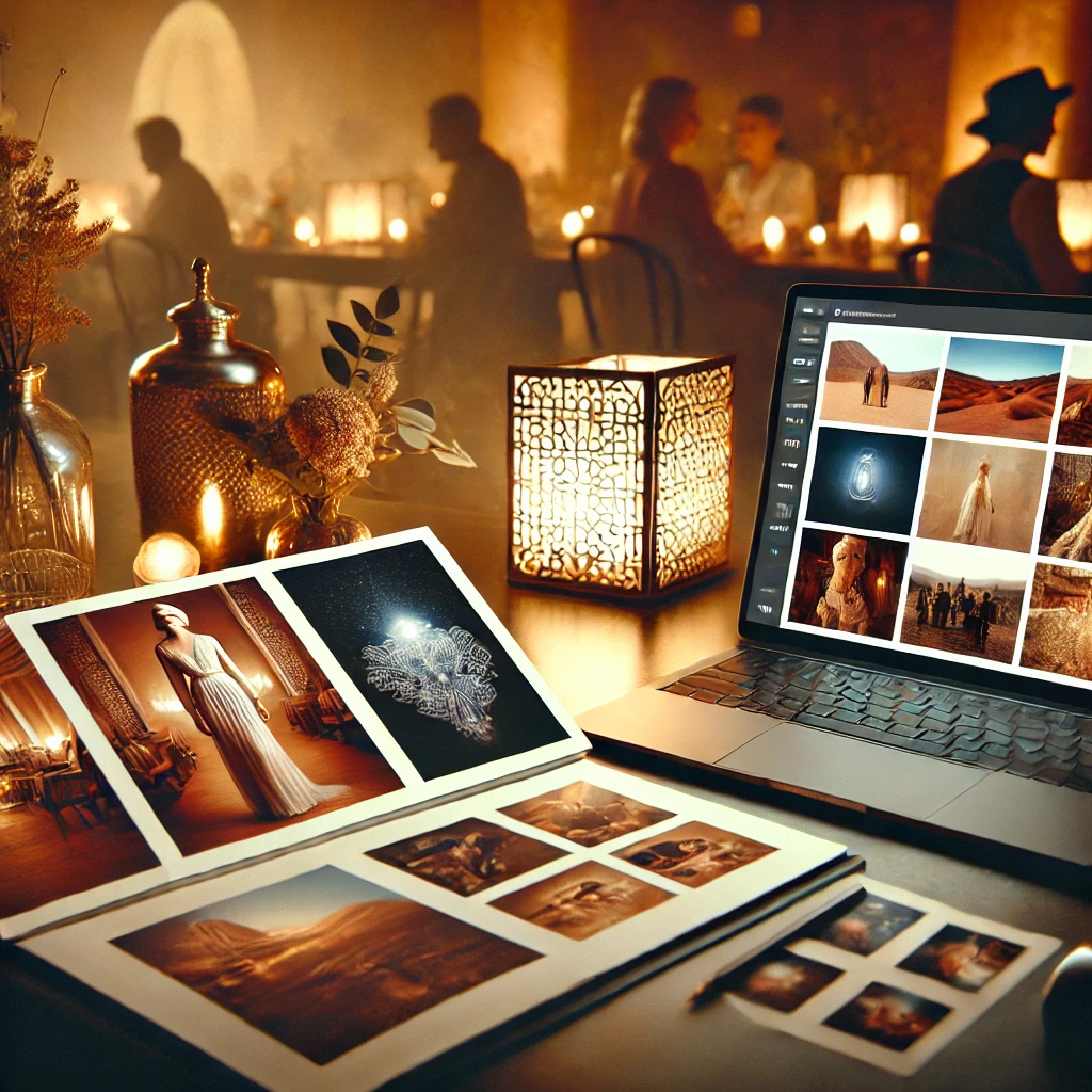 A visually appealing boudoir photography portfolio layout on a sleek desk, featuring elegant printed portraits and a digital gallery on a laptop screen.