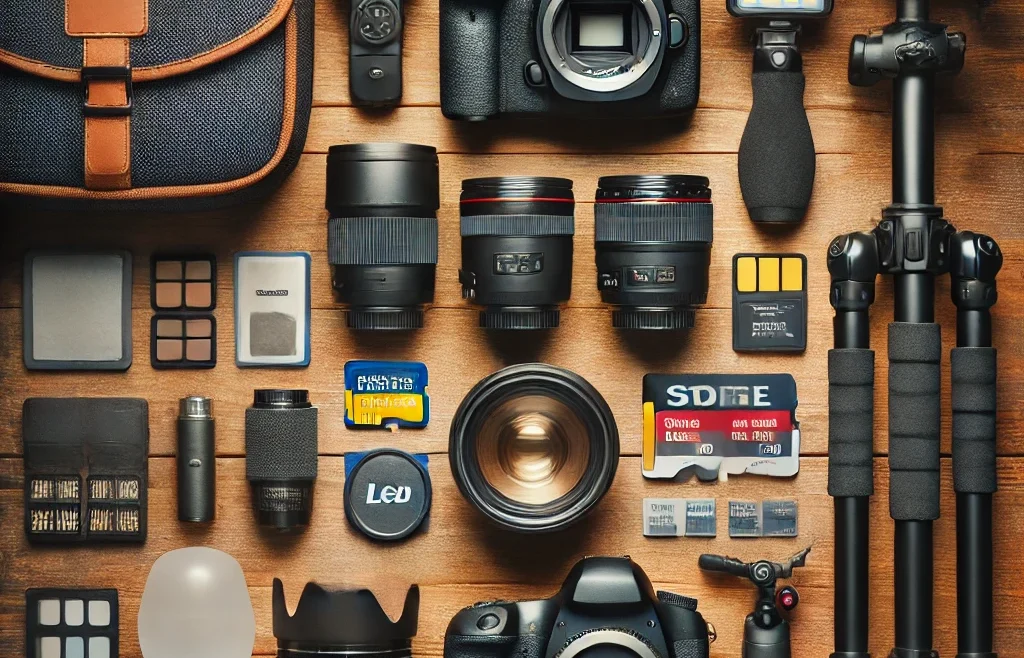A visually appealing flat lay of essential photography accessories on a wooden surface, including a DSLR camera, camera lenses, a tripod, memory cards.