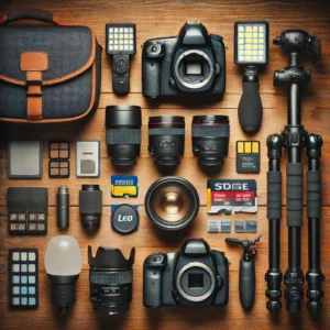 A visually appealing flat lay of essential photography accessories on a wooden surface, including a DSLR camera, camera lenses, a tripod, memory cards.