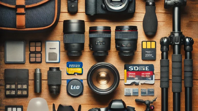 A visually appealing flat lay of essential photography accessories on a wooden surface, including a DSLR camera, camera lenses, a tripod, memory cards.