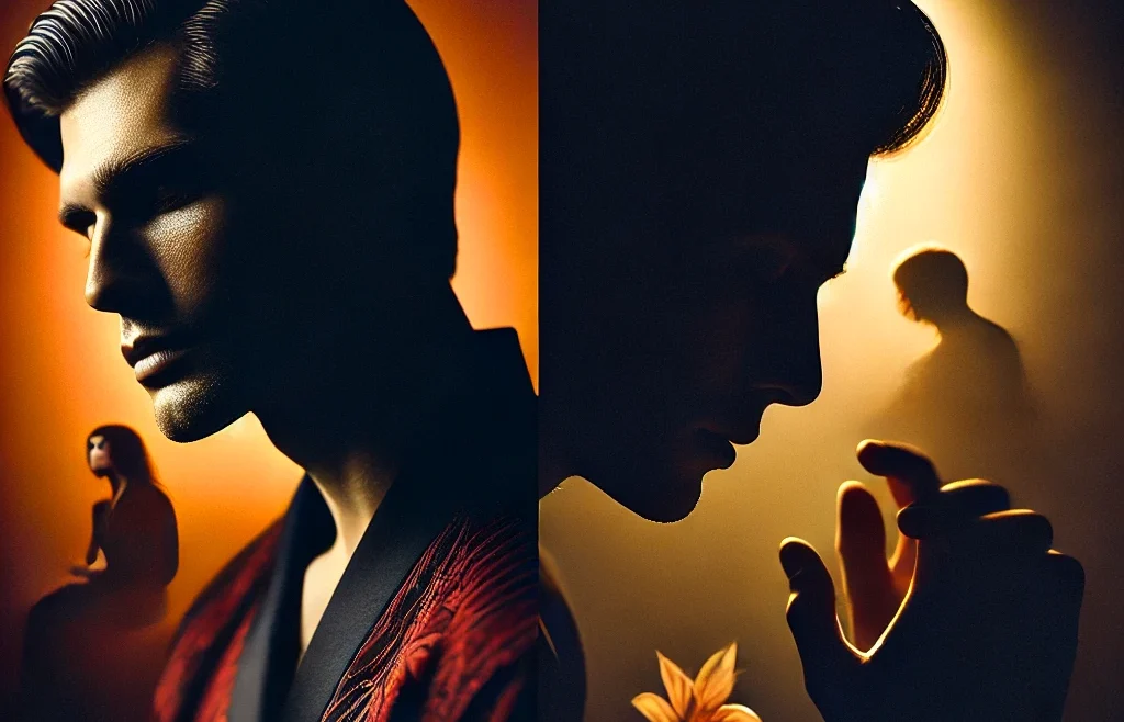 A visually compelling split-frame composition showcasing the difference between sensual and intimate photography. On one side, a dramatic, moody-lit.
