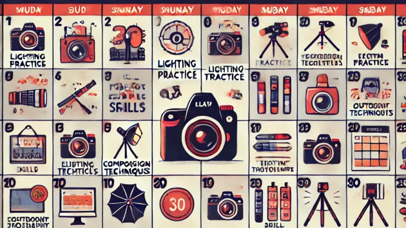 A visually engaging infographic illustrating a 30-day photography improvement plan. The design includes a calendar layout with daily tasks.