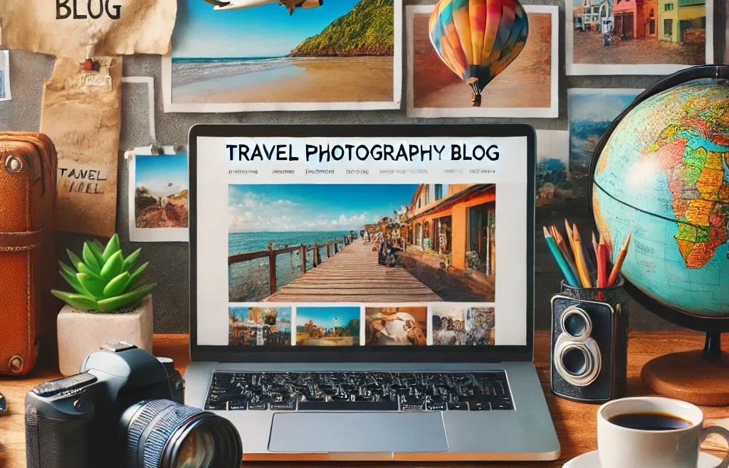 A visually engaging scene of a photographer working on a travel photography blog. The image features a laptop displaying a vibrant travel blog, a DSLR.