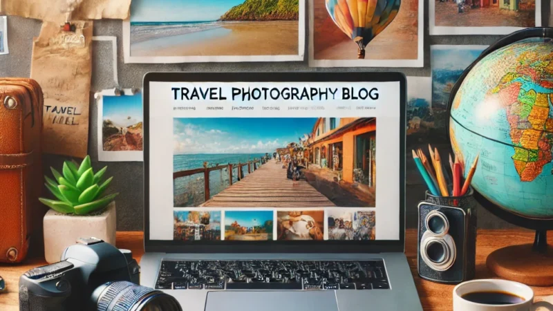 A visually engaging scene of a photographer working on a travel photography blog. The image features a laptop displaying a vibrant travel blog, a DSLR.