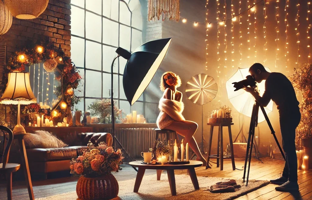 A visually inspiring indoor photography setup featuring creative lighting, props, and artistic compositions. The scene should showcase a photographer.
