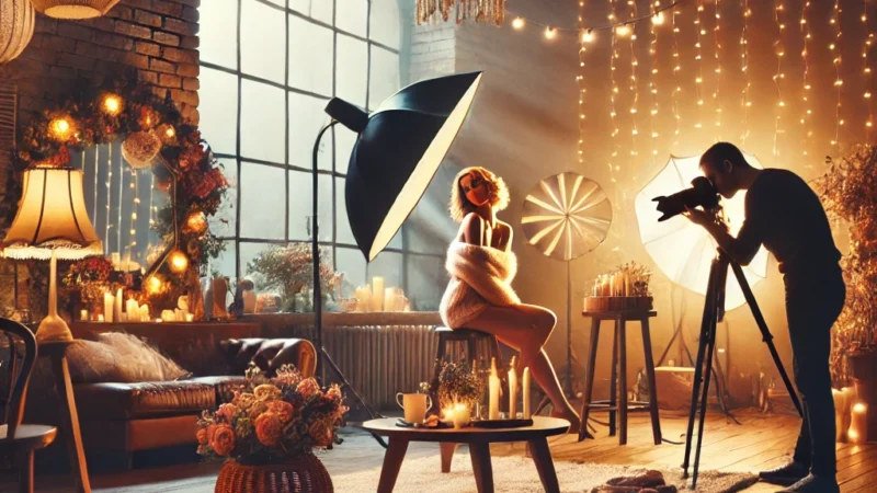 A visually inspiring indoor photography setup featuring creative lighting, props, and artistic compositions. The scene should showcase a photographer.