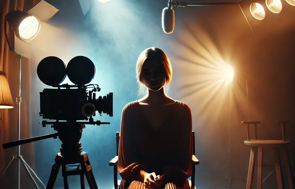 A visually striking cinematic photography setup featuring a dramatic lighting arrangement, a subject in a moody, film-like atmosphere, and a rich color.