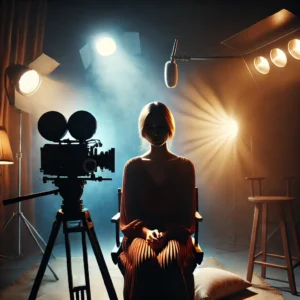 A visually striking cinematic photography setup featuring a dramatic lighting arrangement, a subject in a moody, film-like atmosphere, and a rich color.