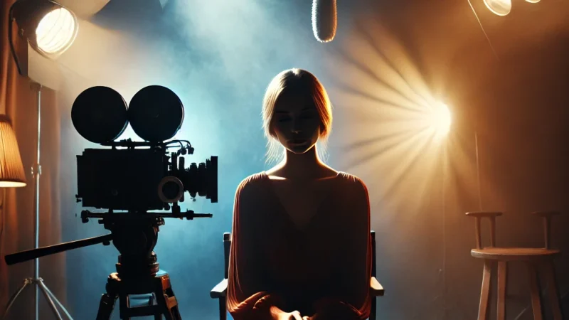 A visually striking cinematic photography setup featuring a dramatic lighting arrangement, a subject in a moody, film-like atmosphere, and a rich color.