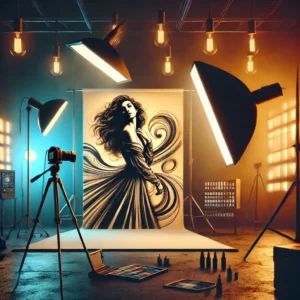 A visually striking digital illustration for a blog article on 'Lighting Techniques for Bold & Sensual Photography.' The image features a professional model.