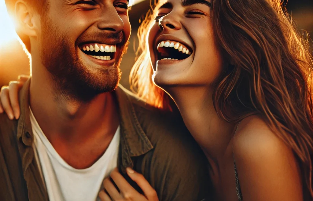 A warm and intimate candid photography scene capturing a couple laughing together in a natural outdoor setting with soft, golden sunset lighting.