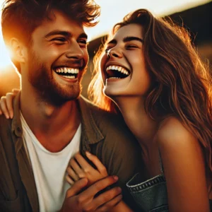 A warm and intimate candid photography scene capturing a couple laughing together in a natural outdoor setting with soft, golden sunset lighting.