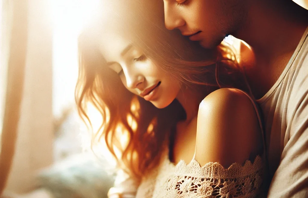 A warm and soft candid intimate photography scene, capturing a couple in natural light with a dreamy and ethereal atmosphere. The background is blurred.