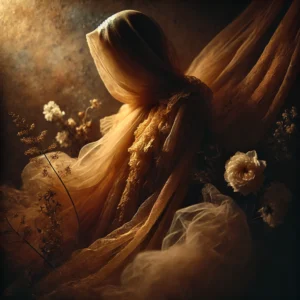 An artistic fine art intimate photography scene with soft, golden lighting. A model is elegantly posed, draped in delicate fabrics.