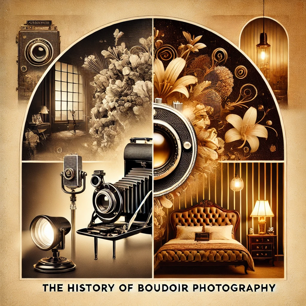An elegant and artistic thumbnail representing the evolution of boudoir photography. The image features a creative collage blending vintage and modern.