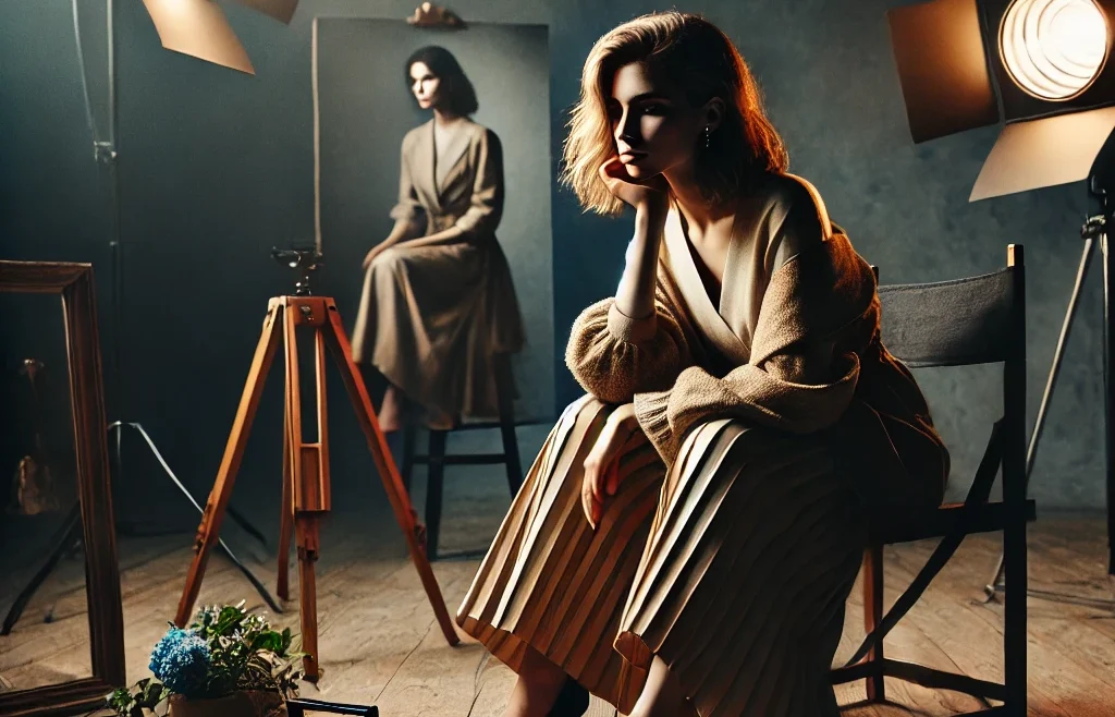 An elegant editorial-style intimate photography scene featuring a model in a moody, cinematic setting with artistic lighting and stylish wardrobe.