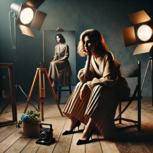 An elegant editorial-style intimate photography scene featuring a model in a moody, cinematic setting with artistic lighting and stylish wardrobe.