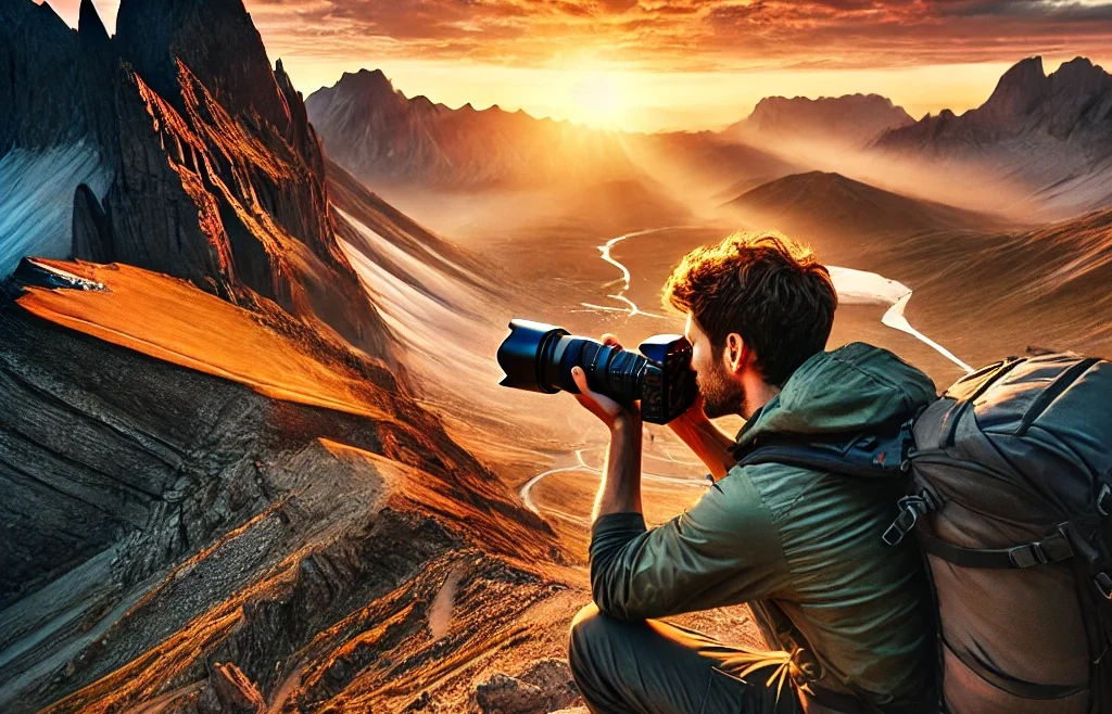 A breathtaking adventure travel photography scene featuring a photographer capturing a dramatic mountain landscape at sunrise.