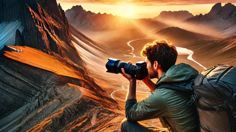 A breathtaking adventure travel photography scene featuring a photographer capturing a dramatic mountain landscape at sunrise.