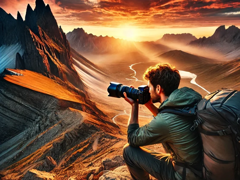 A breathtaking adventure travel photography scene featuring a photographer capturing a dramatic mountain landscape at sunrise.