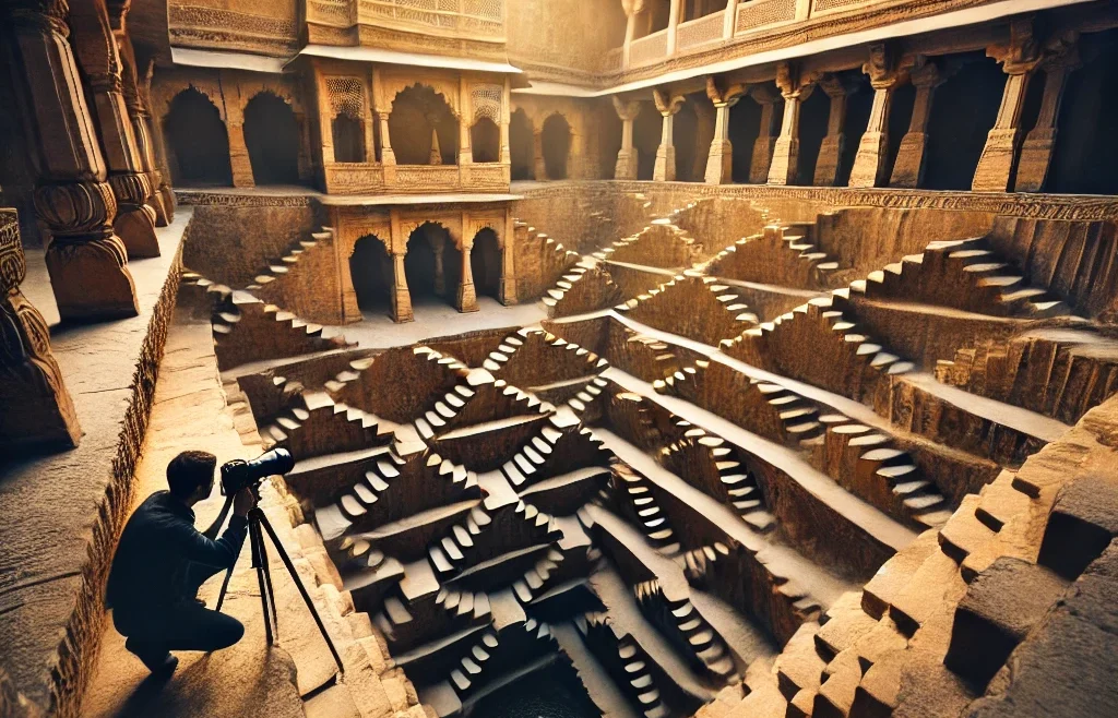 A breathtaking offbeat photography location in Jaipur featuring an ancient stepwell with intricate symmetrical staircases.