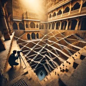 A breathtaking offbeat photography location in Jaipur featuring an ancient stepwell with intricate symmetrical staircases.