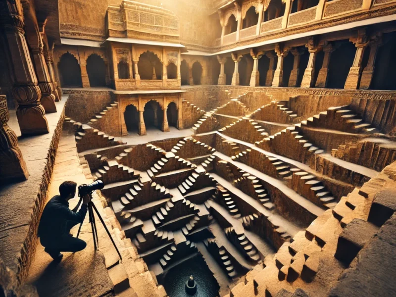 A breathtaking offbeat photography location in Jaipur featuring an ancient stepwell with intricate symmetrical staircases.