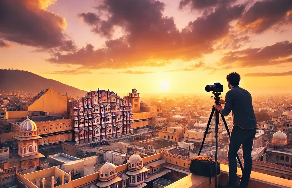 A breathtaking rooftop view of Jaipur, India, taken from a high vantage point during sunset. The cityscape features historic architecture.